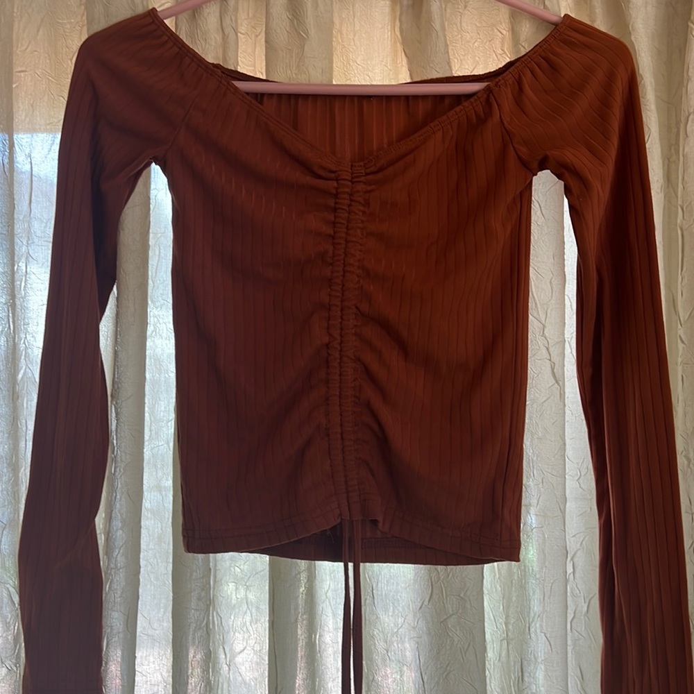 Small Off Shoulder Burnt Orange Top with Tie (allows for it to be more cropped)